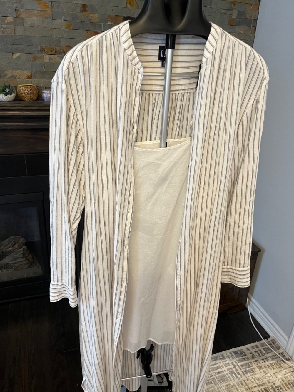 GAP Linen Blend Belted Shirtdress Tall-Medium Grey/White stripe - Picture 6 of 16